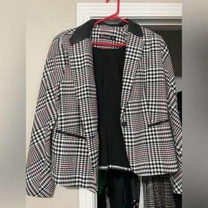 Plaid Blazer with Faux Leather Collar